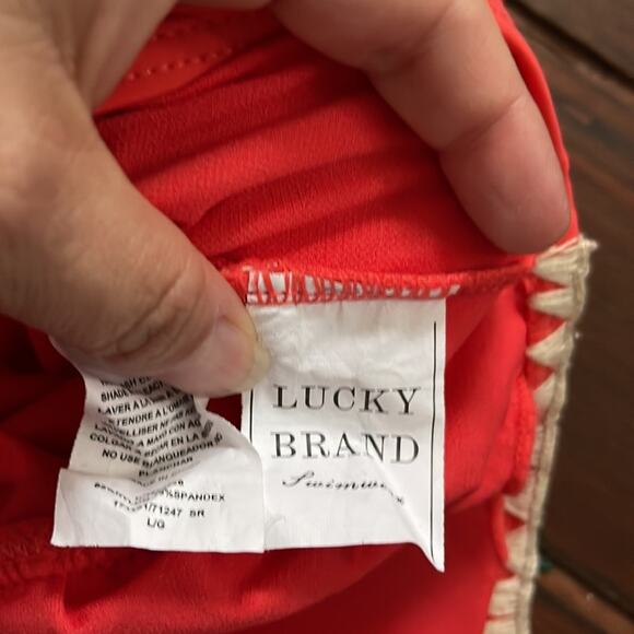 Lucky Brand triangle top embroidered edge lace up back one piece swim suit sz L - Picture 5 of 6